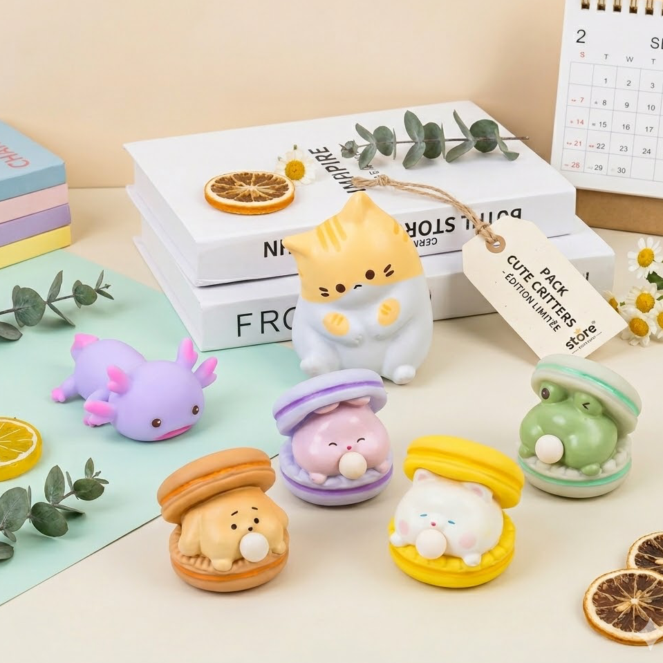Pack squishy animaux kawaii anti-stress 3 pièces : axolotl, chat et grenouille burger - SQUISHY&CO