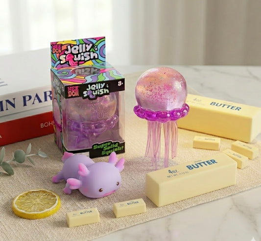 Pack squishy sensoriel TDAH anti-stress 3 pièces : Nee Doh méduse, axolotl et bâton de beurre - SQUISHY&CO