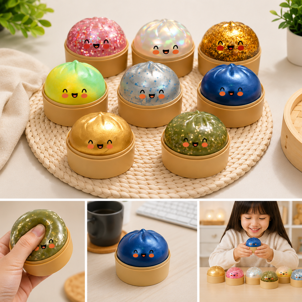 Coloris du squishy dumpling mystère : rose, nacré, doré, bleu, vert et argenté
