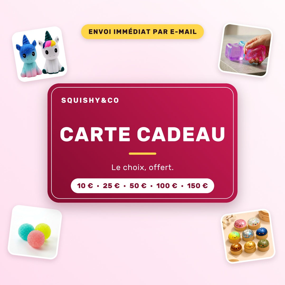 Carte cadeau SQUISHY&CO framboise, montants de 10 à 150 €, envoi immédiat par e-mail
